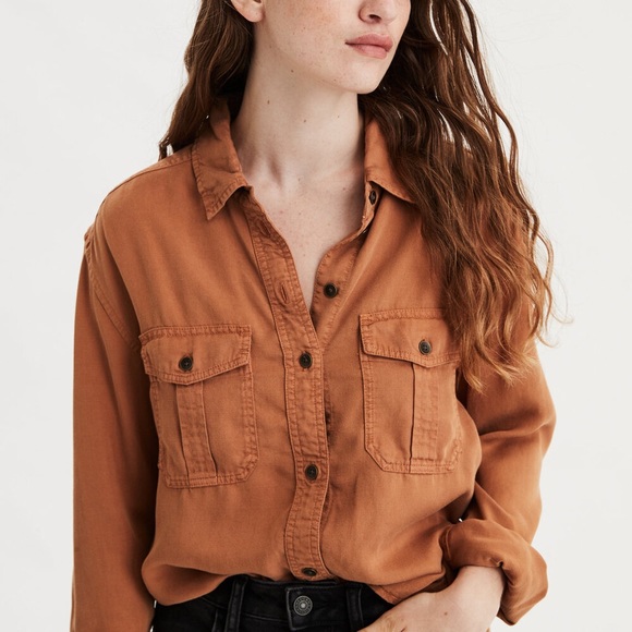 American Eagle Outfitters Tops - American Eagle Oversized Military Rust Button Up Shirt (stain)